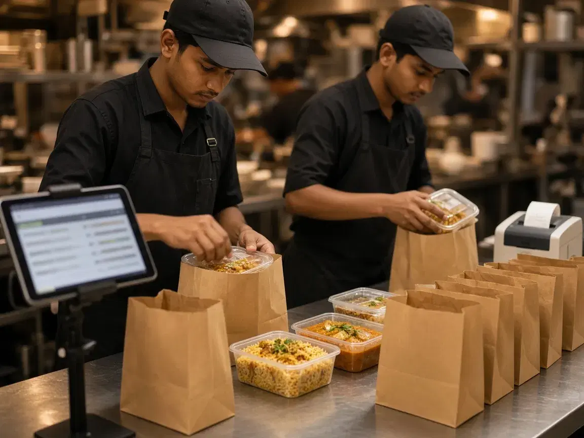 Cloud kitchen staff packing biryani and curry orders into paper bags