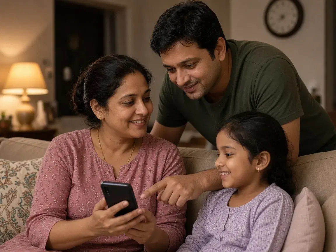 Family on a sofa ordering dinner on a phone