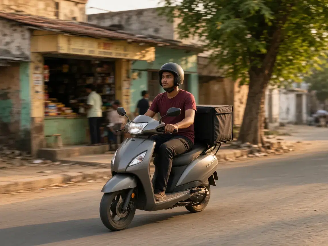 Restaurant rider on a scooter with a delivery box on a small-town street