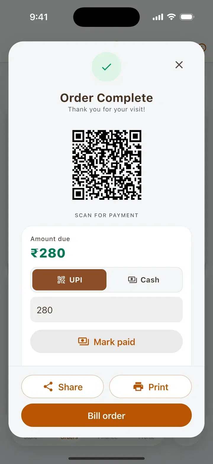 Dinehere bill with a UPI QR code, amount due and UPI or Cash payment options