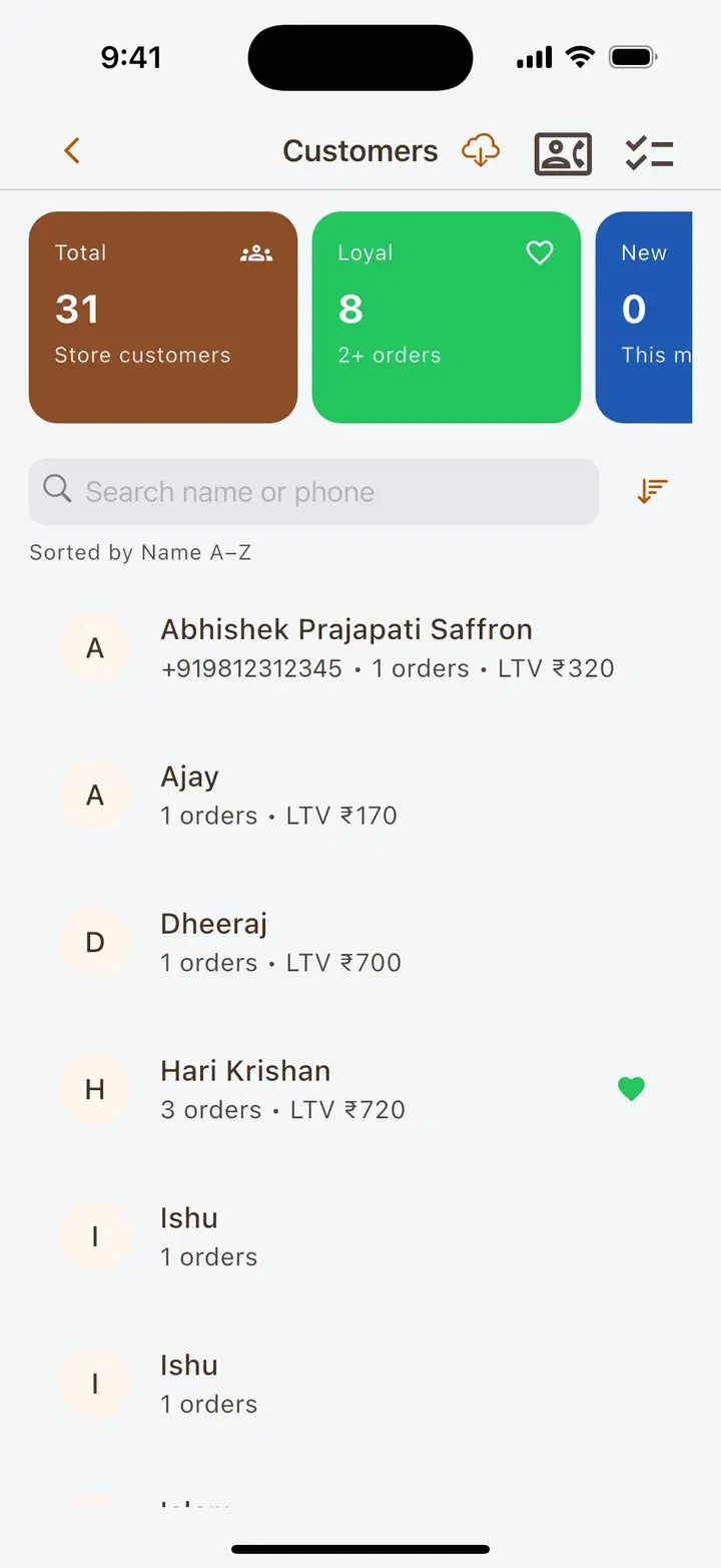 Dinehere customers screen listing customers with order counts and lifetime value