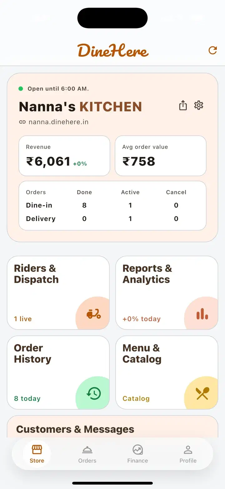 Dinehere POS home with today's revenue, average order value and order counts by type