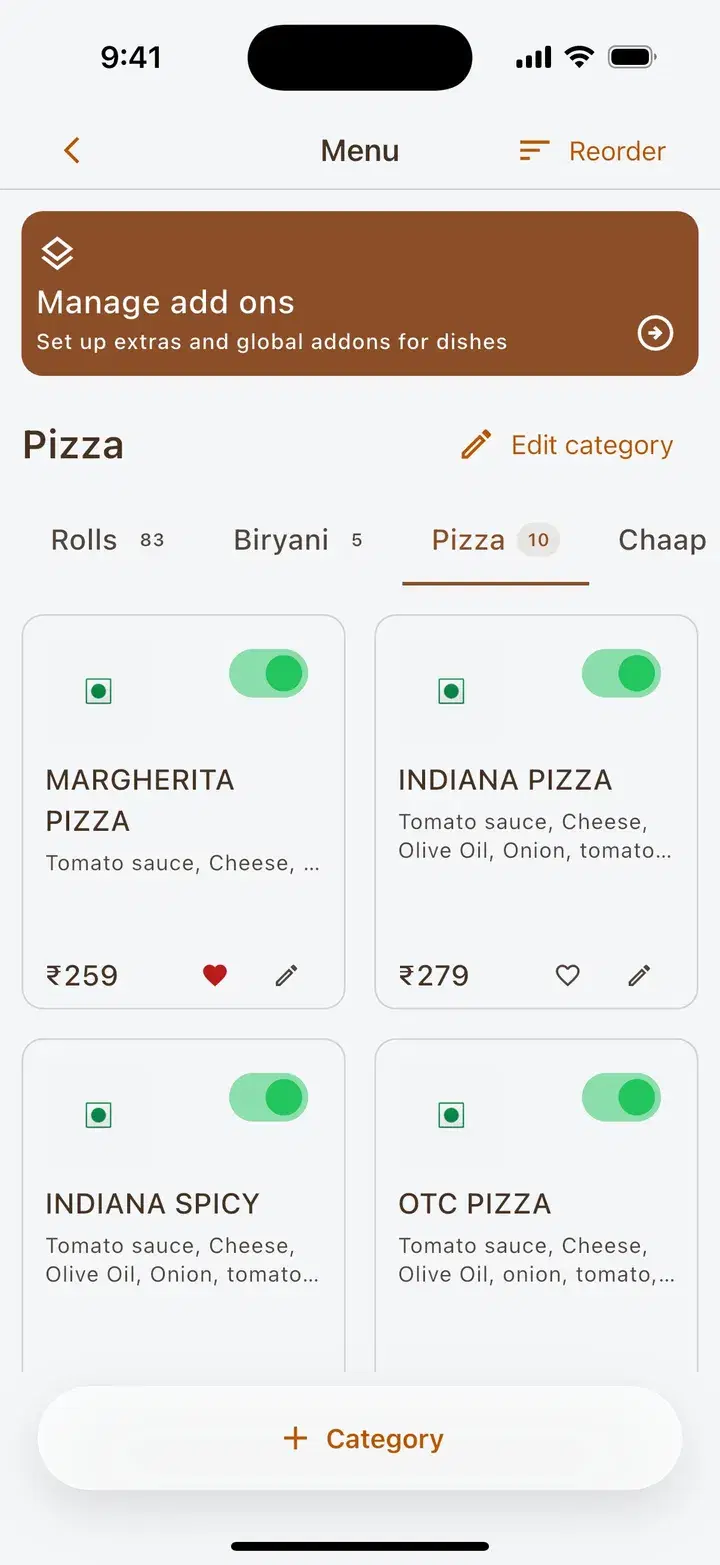 Dinehere menu manager showing pizza dishes with availability toggles and add-on settings