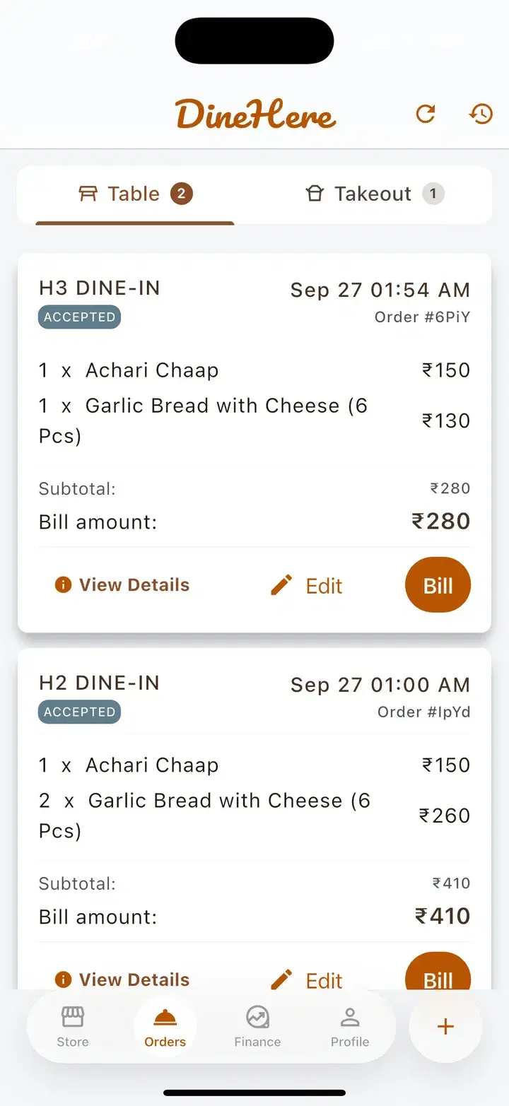 Dinehere order queue with table and takeout tabs