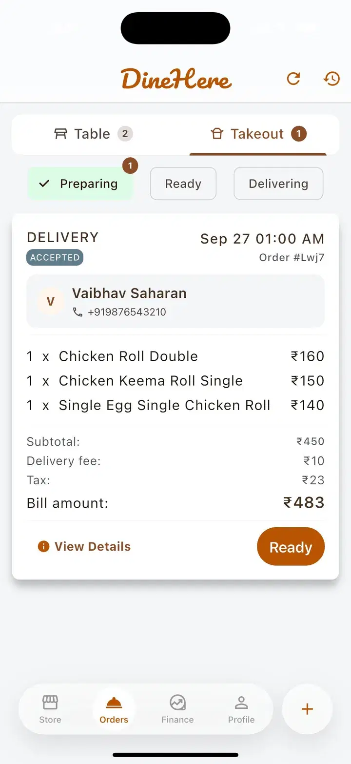 Dinehere delivery order card with items, delivery fee, tax and a Ready button
