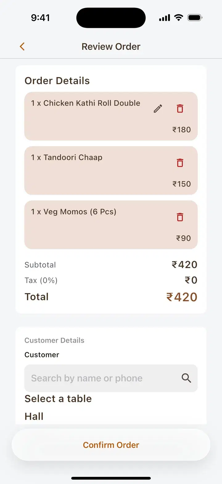 Dinehere review order screen with item totals before billing