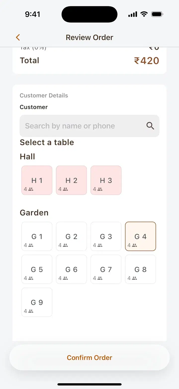 Dinehere table picker with Hall tables occupied and Garden table G4 selected