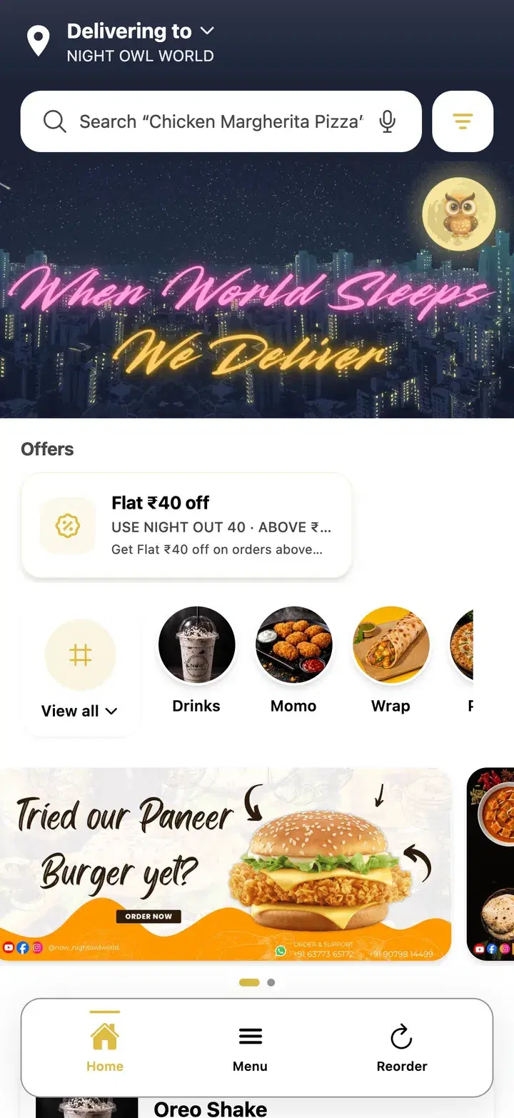 Night Owl World's own ordering app with its neon banner, offers and menu categories