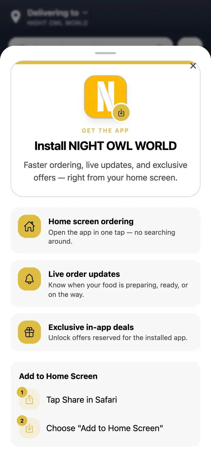 Night Owl World website prompting customers to install it as an app on their home screen