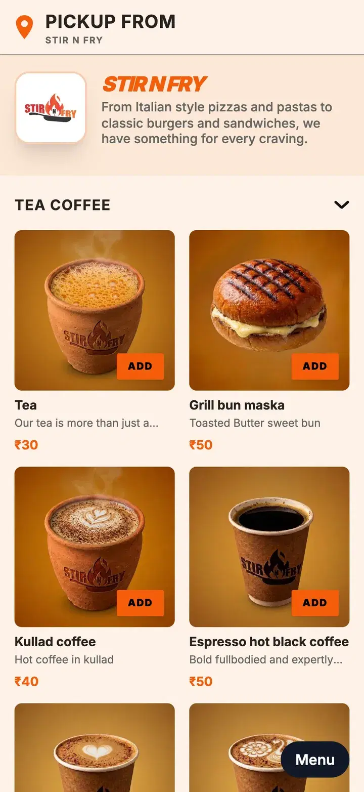 Stir N Fry ordering website built on Dinehere, showing tea and coffee items with Add buttons