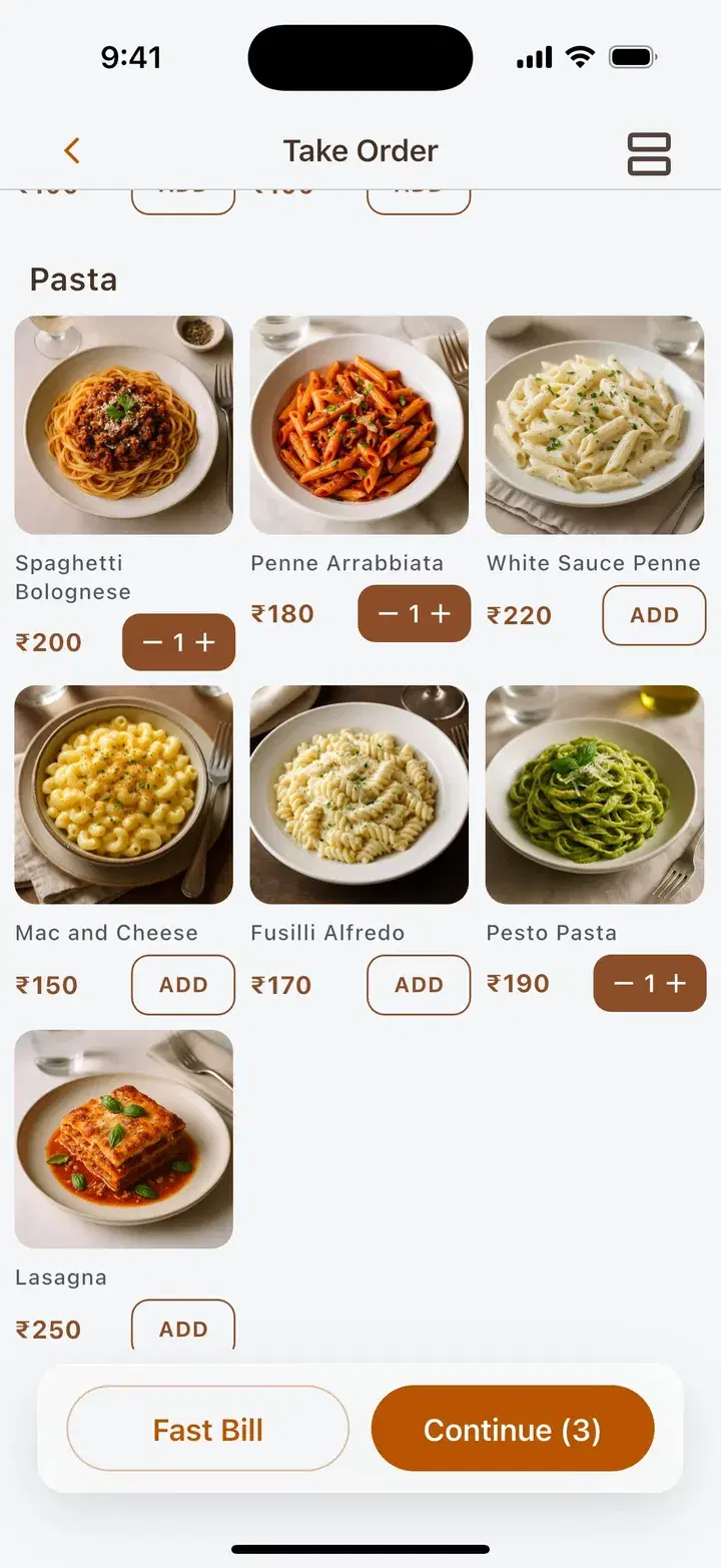 Dinehere captain take order screen with pasta dishes, quantities and a Continue button